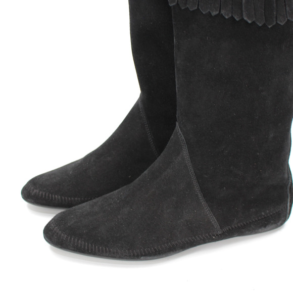 Jimmy Choo Wave Black Suede Fringe Trim Mid-Calf Moccasin Boots 37.5 Round Flats - Picture 3 of 7